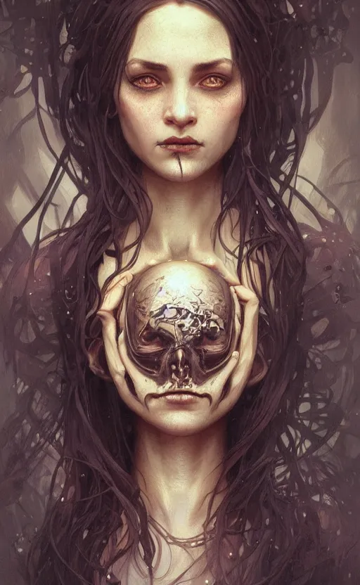 Prompt: portrait of a dark girl with skull poking through , surreal, intricate, headshot, highly detailed, digital painting, artstation, concept art, cinematic lighting, illustration, art by artgerm and greg rutkowski, alphonse mucha, cgsociety, science fiction