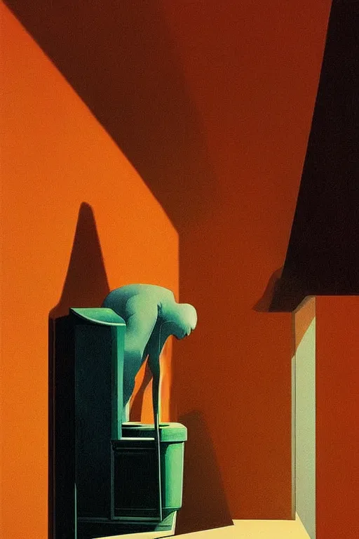 Image similar to woman put the trash bin through her head Edward Hopper and James Gilleard, Zdzislaw Beksisnski, higly detailed