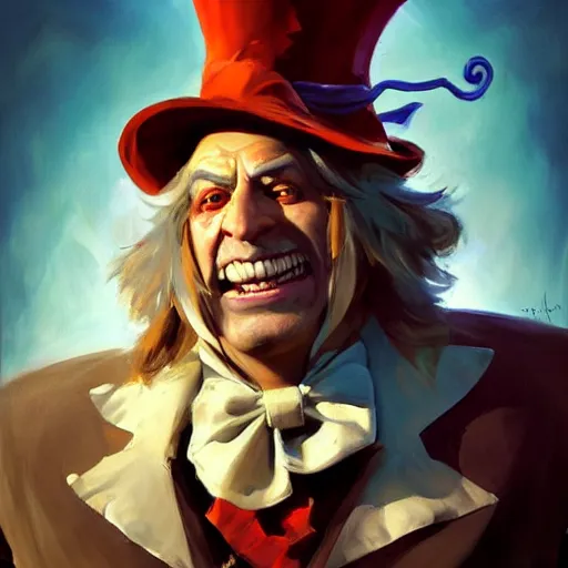 Image similar to greg manchess portrait painting of partially armored mad hatter from alice in wonderland as overwatch character, wacky, medium shot, asymmetrical, profile picture, organic painting, sunny day, matte painting, bold shapes, hard edges, street art, trending on artstation, by huang guangjian and gil elvgren and jesper ejsing