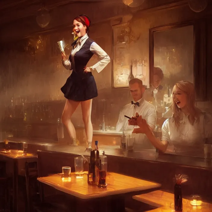 Image similar to a waitress singing on a table in a bar, elegant, real life skin, intricate artwork, high detailed, artstation, concept art, smooth, sharp focus, art by artgerm and greg rutkowski