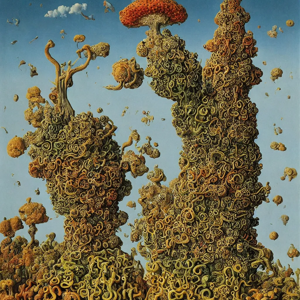 Image similar to a single colorful! ( lovecraftian ) fungus tower white! clear empty sky, a high contrast!! ultradetailed photorealistic painting by jan van eyck, audubon, rene magritte, agnes pelton, max ernst, walton ford, andreas achenbach, ernst haeckel, hard lighting, masterpiece