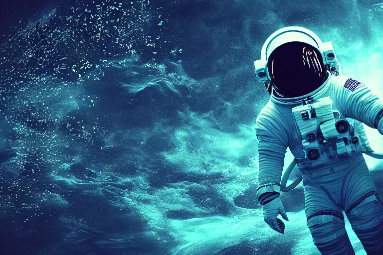 Image similar to astronaut underwater in the ocean at night, volumetric lighting, glowing lights, 4k, octane, unreal engine,