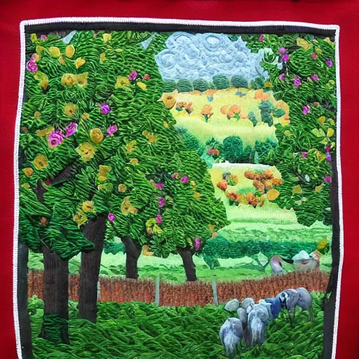 Image similar to A beautiful street art depicting a farm scene. The street art shows a view of an orchard with trees in bloom. appliqué needlework, Hadean by Charles Camoin, by Ed Binkley bleak, earthy