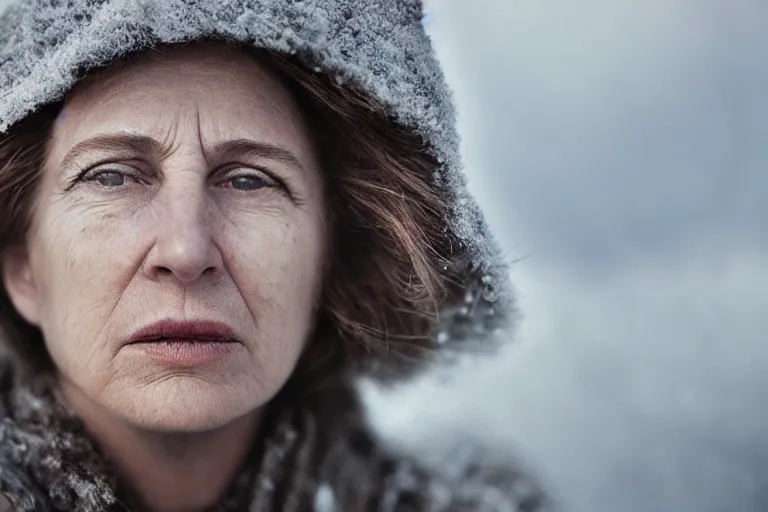 Image similar to a highly detailed cinematic headshot portrait of a frozen middle aged woman stood in a field, field on fire, ultra realistic, depth, beautiful lighting, by annie leibovitz, photorealistic, hyperrealistic, octane, masterpiece