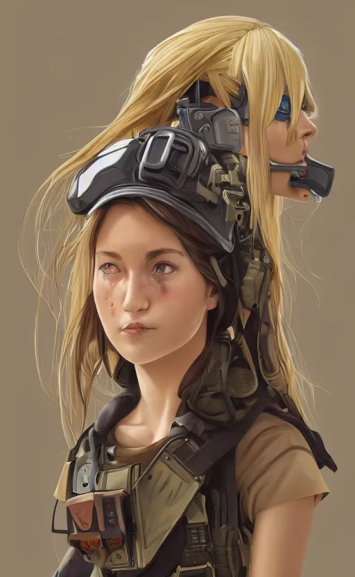 Prompt: a girl, fused aircraft parts, soldier clothing, combat helmet, anime style, long hair, hair down, symmetrical facial features, from tanya the evil, hyper realistic, 4 k, rule of thirds, extreme detail, detailed drawing, trending artstation, hd, d & d, realistic lighting, by alphonse mucha, greg rutkowski, sharp focus, backlit