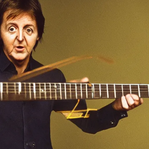 Prompt: Paul McCartney playing an insect beetle guitar, 8k, high definition, highly detailed, photo-realistic