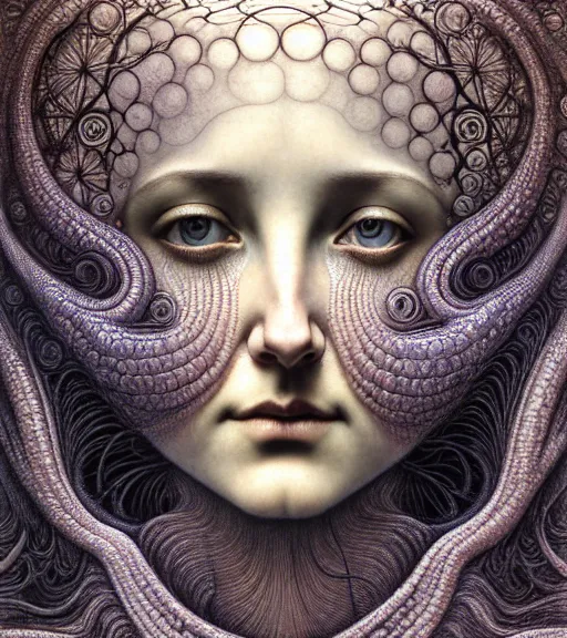 Prompt: detailed realistic beautiful gloaming goddess face portrait by jean delville, gustave dore, iris van herpen and marco mazzoni, art forms of nature by ernst haeckel, art nouveau, symbolist, visionary, gothic, neo - gothic, pre - raphaelite, fractal lace, intricate alien botanicals, ai biodiversity, surreality, hyperdetailed ultrasharp octane render