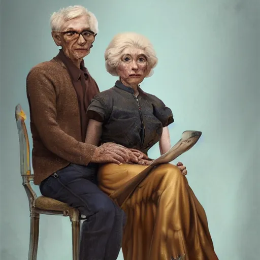 Image similar to a beautiful ultradetailed fine art old vintage couples portrait photo of cyborgs sitting on a chair and standing, by tom bagshaw and zach sutton, couples portrait, vignette, 3 5 mm lens, golden ratio composition, studio photography, very detailed, humanoids, artstation, 8 k, highly coherent