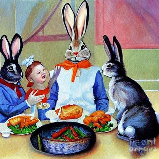 Image similar to Bunny Family Dinner painting by Gurney