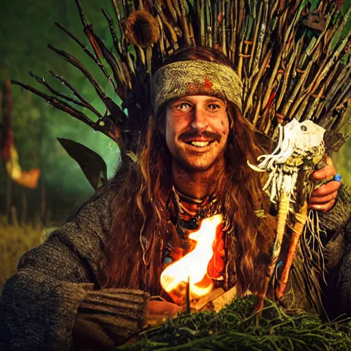 Prompt: hippie tribal hobo witch doctor wearing twigs and leaves smiling sheepishly, campfire, bong, water pipe, grassy hills, highly detailed, dramatic lighting, night time, cinematic, hyperrealistic, detailed, movie still from game of thrones