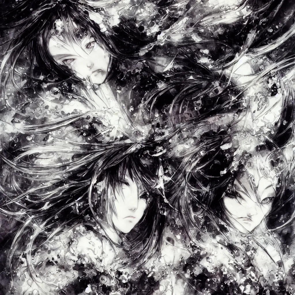 Image similar to Yoshitaka Amano blurred and dreamy illustration of an anime girl with pirate eye patch, wavy white hair and cracks on her face wearing Elden ring armour with the cape fluttering in the wind, abstract black and white patterns on the background, noisy film grain effect, highly detailed, Renaissance oil painting, weird portrait angle