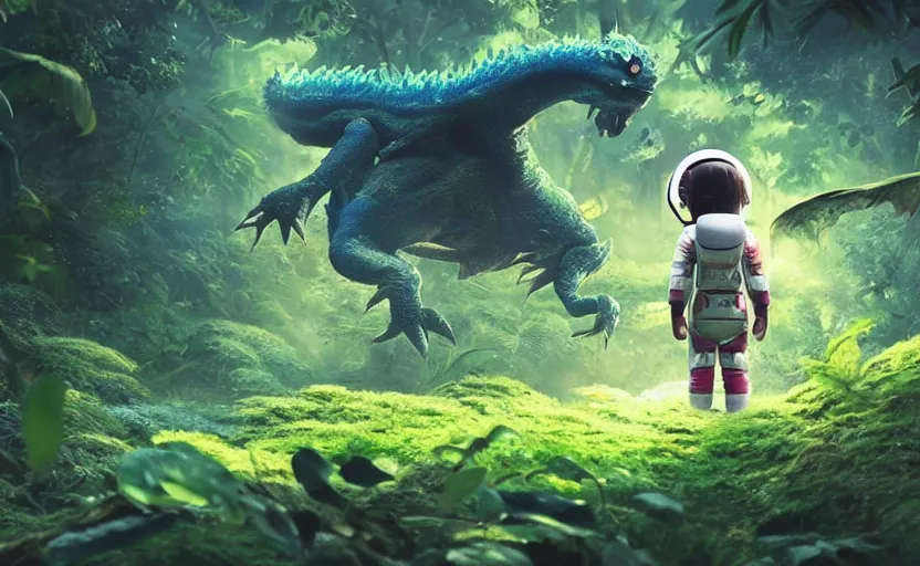 Image similar to a still of a cute adorable tiny astronaut, on a planet of lush foliage, with an enormous kaiju dragon surrounding the background, magical forest, sharp focus, neon backlit, highly detailed, disney pixar studio ghibli makoto shinkai, digital painting, matte, octane render, global illumination, iridescent, anime, 8 k concept art