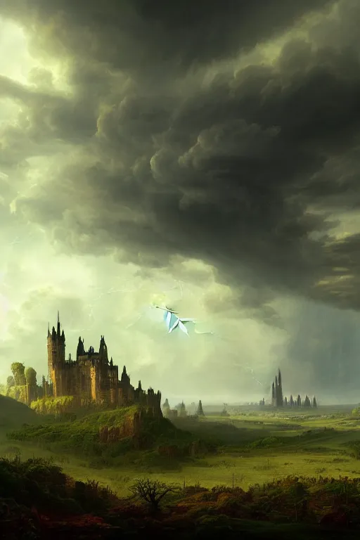 Image similar to a beautiful digital illustration painting of a detailed gothic fantasy endless plains with castle in the distance and thunder storm, by benoit b. mandelbrot, steven belledin, martin johnson heade, lee madgwick, caspar david friedrich, and david rios ferreira. 8 k resolution trending on artstation concept art digital illustration