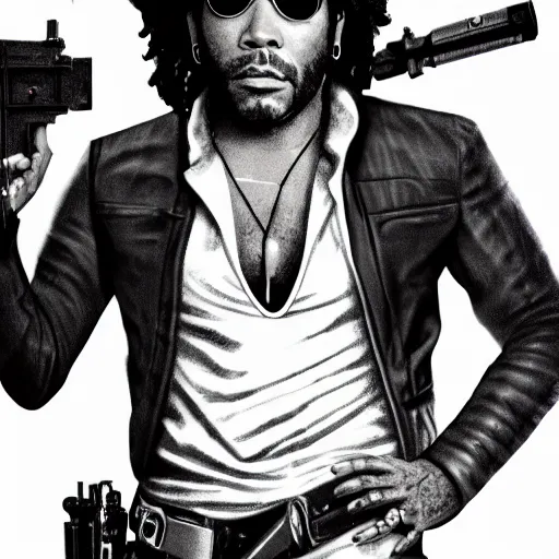 Prompt: detailed accurate portrait of lenny kravitz as han solo, star wars movie still, high resolution image, dc comics art style, 8 k