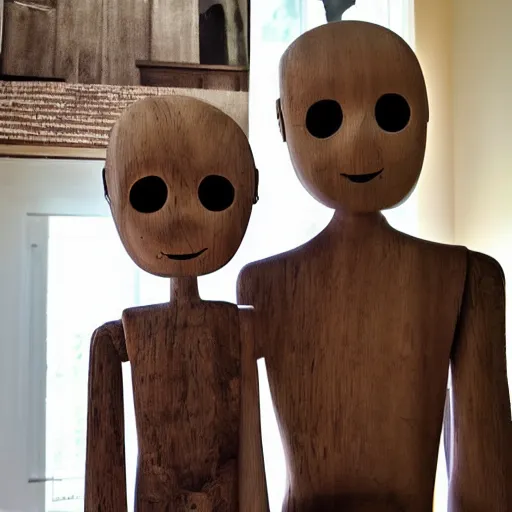Prompt: a real estate home interior photo. a creepy wooden mannequin family,