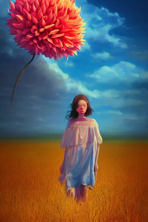 Image similar to closeup girl with huge dahlia flower head, portrait on beach, surreal photography, blue sky, sunrise, dramatic light, impressionist painting, digital painting, artstation, simon stalenhag