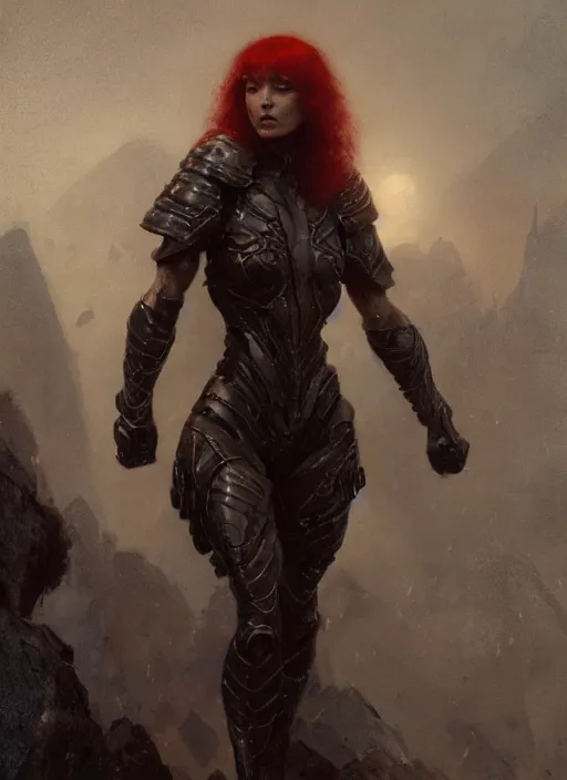 Prompt: red short haired muscular woman wearing flat black armour, detailed by gaston bussiere, bayard wu, greg rutkowski, giger, maxim verehin, greg rutkowski, masterpiece, sharp focus, cinematic lightning