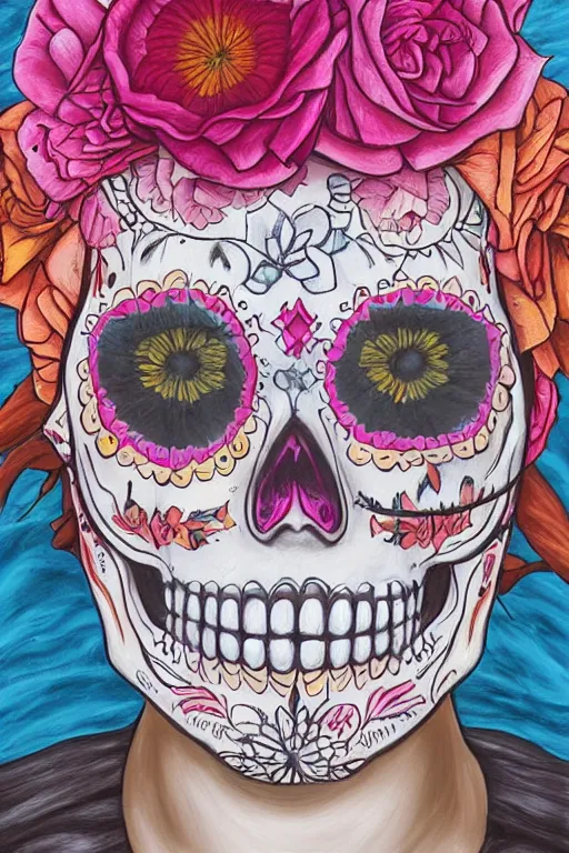 Prompt: Illustration of a sugar skull day of the dead girl, art by sean yoro