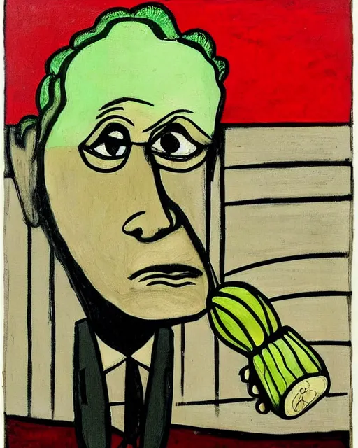 Prompt: painting of a man with a cabbage in the place of his head, masterpiece, painted by Bernard Buffet