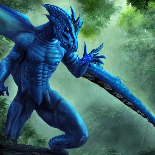Image similar to A dragonborn with blue scales in a rainforest, trending on artstation, digital art