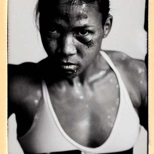 Prompt: close up portrait of woman boxer after boxing with brews blood sweating, photography photojournalism, very grainy image, 80mm lens, close up portrait polaroid