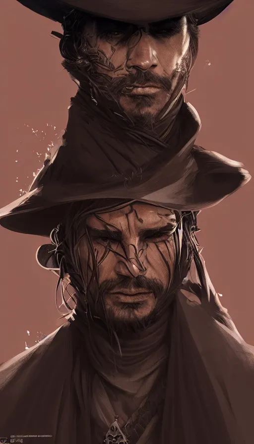 Image similar to misterious gaucho bandido commander, shady look, a raggy long poncho, magic the gathering, ready to shoot, intricate, highly detailed, digital painting, artstation, concept art, sharp focus, illustration, geometric dripped ink background, art by Artgerm, Grafit Studio, and Greg Rutkowski and Craig Mullins - W 700