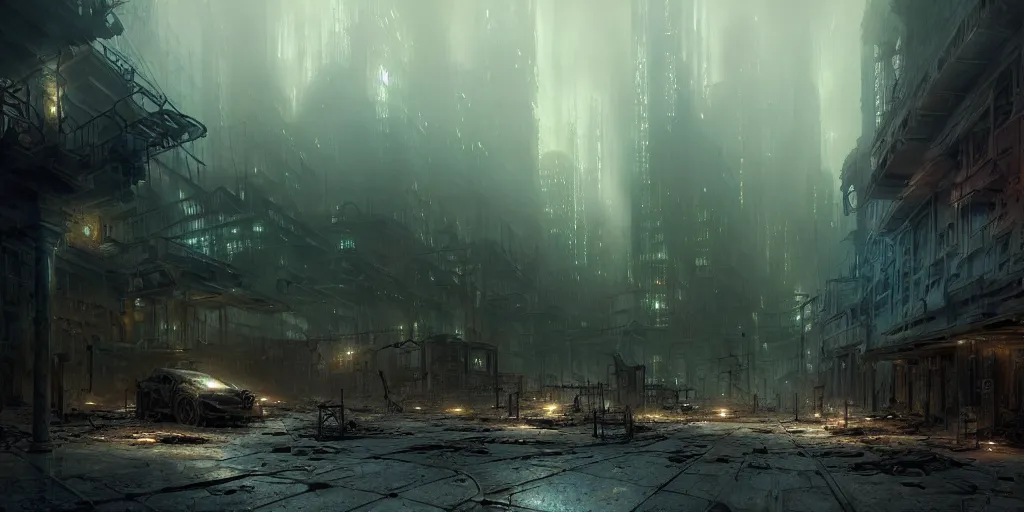 Prompt: an abandoned dystopian city, by federico pelat and craig mullins, ancient steampunk machinery, by michael weisheim beresin and james paick and stephan martiniere, concept art, hyperrealism, 8 k resolution, octane render, cinematic, ominous, intricate details, volumetric lighting, misty