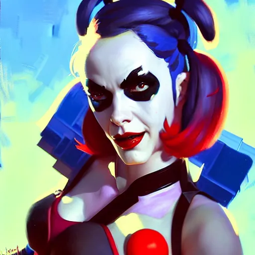 Image similar to Greg Manchess portrait painting of Harley Quinn as Overwatch character, medium shot, asymmetrical, profile picture, Organic Painting, sunny day, Matte Painting, bold shapes, hard edges, street art, trending on artstation, by Huang Guangjian and Gil Elvgren and Sachin Teng