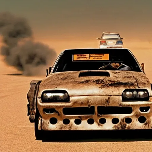 Prompt: Jeff Bridges sitting in the driver's seat in Mad Max Road Warrior, rusted, cobbled together Nissan R34 GTR, interior, screenshot, cinematic Eastman 5384 film