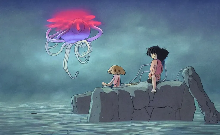 Image similar to a realistic cell - shaded studio ghibli concept art from paprika ( 2 0 0 6 ) of a flying multi - colored octopus from close encounters of the third kind ( 1 9 7 7 ) and grey fairy meditating in a flooded stonehenge on a misty starry night. very dull colors, wide shot, hd, 4 k, hq