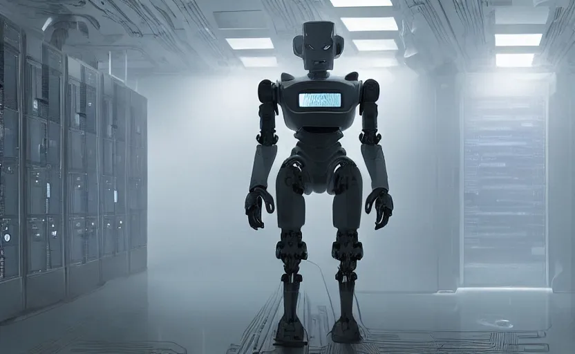 Image similar to extremely detailed cinematic movie still 3 0 7 7 foggy portrait shot of a robot in an endless data centre by denis villeneuve, wayne barlowe, simon birch, marc simonetti, philippe druillet, beeple, bright volumetric sunlight from small windows, rich moody colors