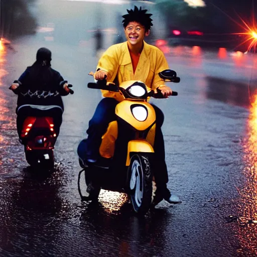 Image similar to Photorealistic photograph of Naruto smiling while driving a moped during a rainy night, 35mm photograph, realistic, heavy detail