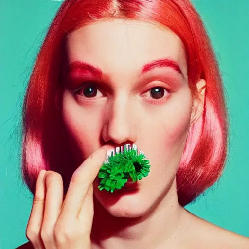 Prompt: a studio close - up portrait of a a fashion model smelling a plastic toy flower. surreal photograph, lo - fi, polished look, silly and serious, hermes ad, fashion photography, toiletpaper magazine by pierpaolo ferrari and maurizio cattelan, 3 5 mm photograph, colourful, by pierpaolo ferrari, maurizio cattelan, david lachapelle