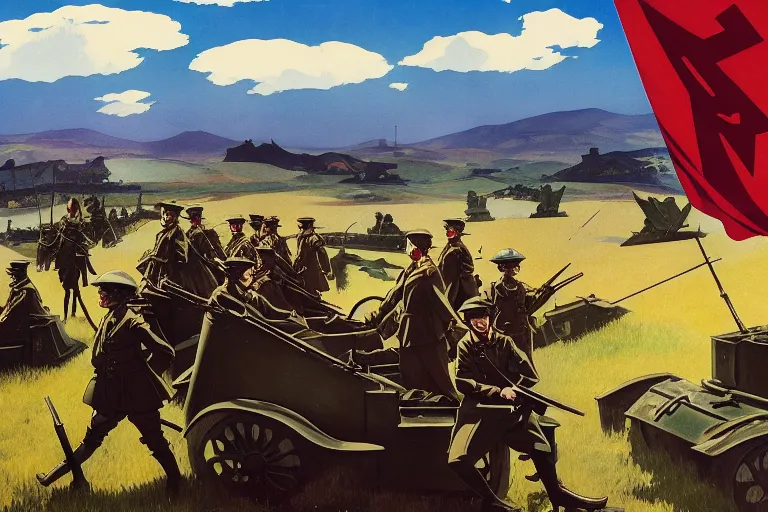 Image similar to anime key visual depicting the horros 1 9 1 8 great war, anime maids riding early tanks, matriarchy, old bolt action rifles, biplanes in the sky, blood anguish terror, jamie wyeth james gilleard edward hopper greg rutkowski acrylic painting, preserved museum piece, historical