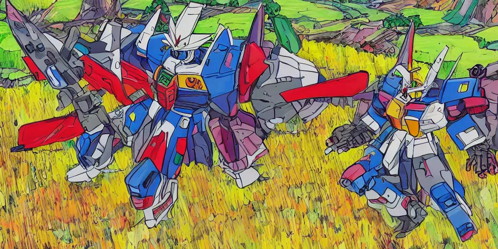 Prompt: colorful illustration of a fully armoured fighting rooster gundam in a farm, mix of styles, dieselpunk, howl's moving castle color scheme