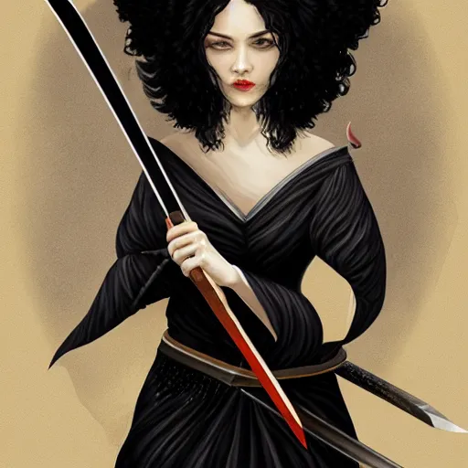 Prompt: portrait, woman with black hair called the lady of ash wielding a sword, elegant, illustration, fire magic, detailed, intricate, sharp focus, digital painting