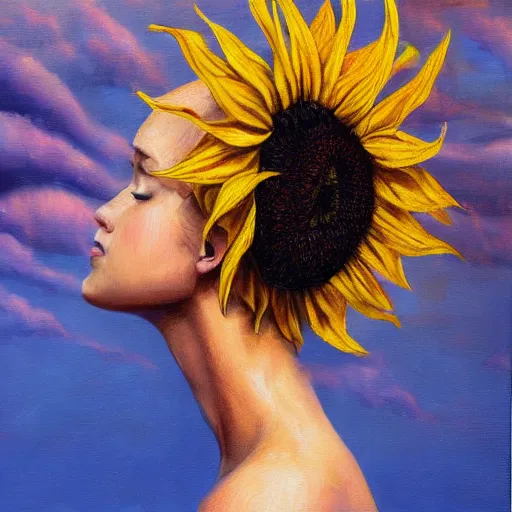 Image similar to a girl in amazing tall sunflower field, her hair flowing down, subtle, intricate details, real masterpiece, surreal, oil on canvas, by somsak anong