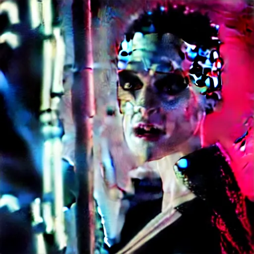 Prompt: cinematic portrait of kristen mcmenamy as bride of frankenstein as a replicant in a busy nightclub, frightened and angry, still from the movie ex machina, fashion photography, a sign is in the background, 8 k, high detail, face in focus