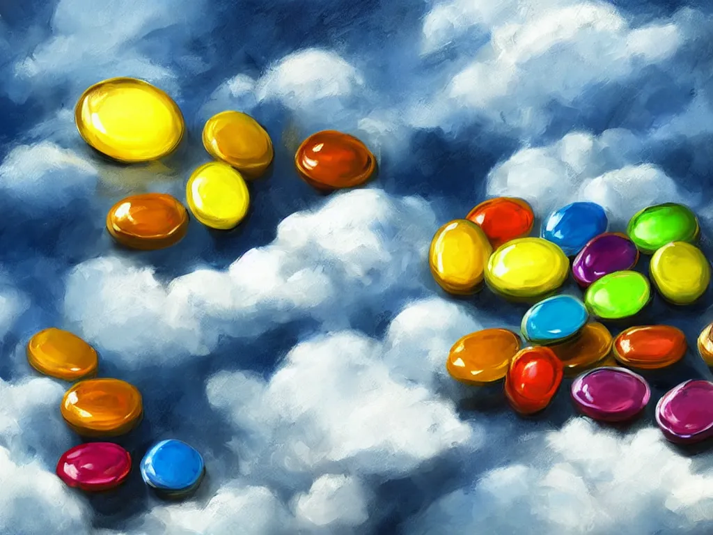 Prompt: a fantasy style painting of shining colorful pills held in a worn golden glove. Blue sky with cumulus clouds in the background. Original artwork for a white spell in magic the gathering. Award winning, very detailed, dramatic lighting, white and gold color palette