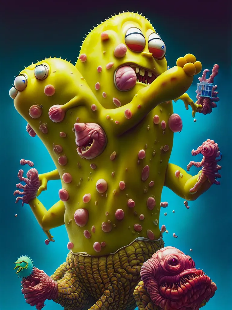 Image similar to hyperrealistic rendering, fat smooth john carpenter flesh monster spongebob by donato giancola and greg rutkowski and wayne barlow and zdzisław beksinski, product photography, action figure, sofubi, studio lighting, colored gels, colored background