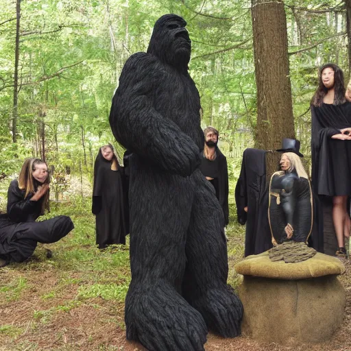 Prompt: black robed group of occultist worshipping a bigfoot statue