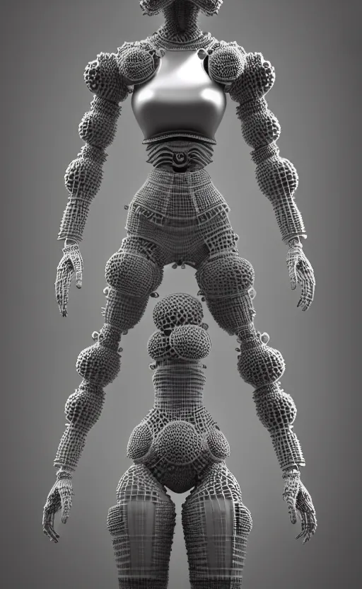 Prompt: analogous achromatic monochromatic colors 3D render of a cyborg, 150 mm, flowers, Mandelbrot fractal, white metal neocubism armour, mesh wire, hyperrealistic, ultra detailed, neural network with neurosynapsis, rim light, 3d render octane render in the style of H.R. Giger and Man Ray