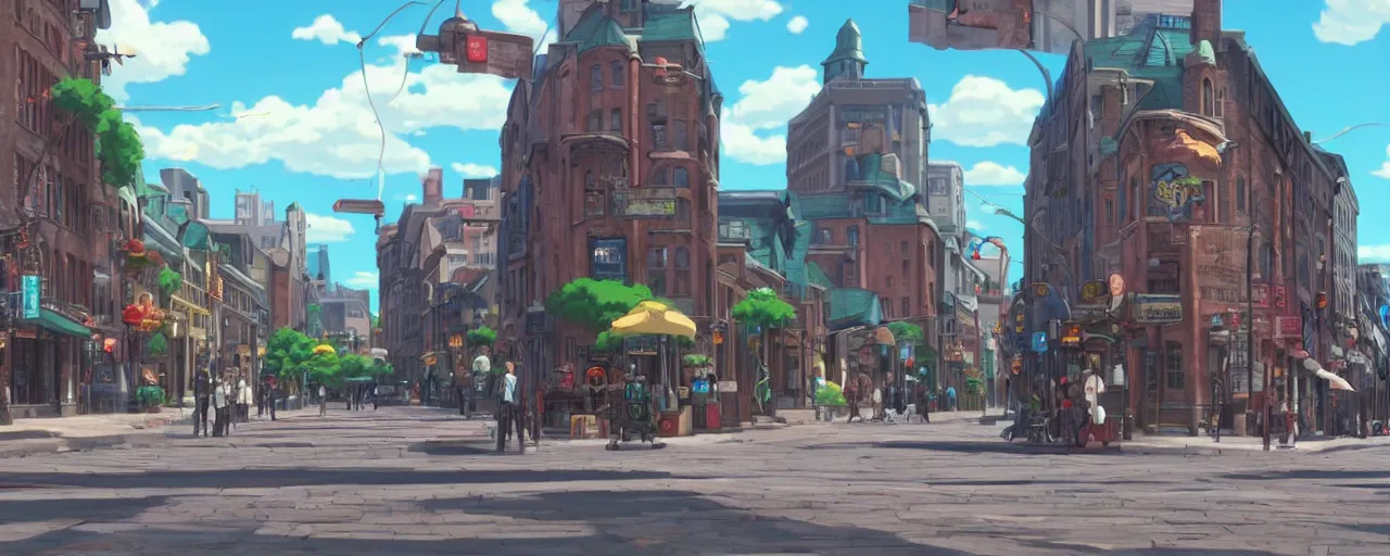 Image similar to A screenshot of the old montreal city street in the scene in the Ghibli anime film, pretty rim highlights and specular