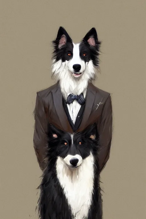 Prompt: portrait of a cute male anthropomorphic border collie fursona wearing a suit. by henry asencio, jon foster, and ross tran. highly detailed, concept art, furry, glamor pose, elegant, aesthetic, beautiful, trending on artstation, top rated on furaffinity and deviantart