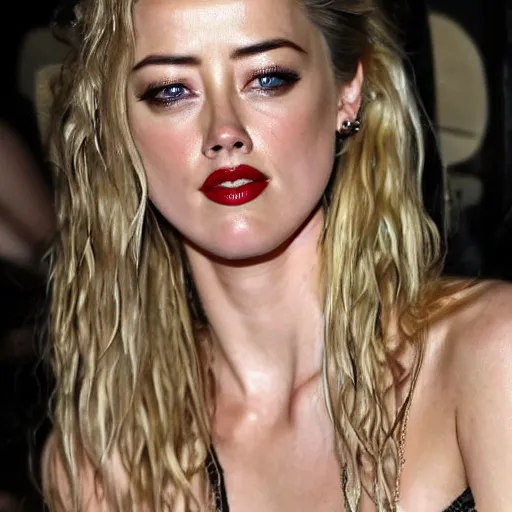 Image similar to a weathered Amber Heard in prison outfit in jail with prison tattoos all over her arms