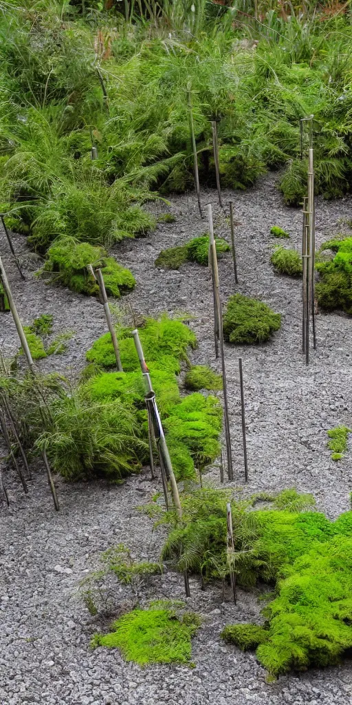 Image similar to tall and slender concrete rods emerge out of the gravel. Moss and ferns grow from holes in the rods. The rods are clustered very close together and stand straight and tall.