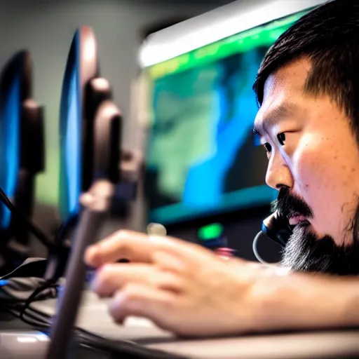 Prompt: Photo of Genghis Khan, wearing a headset, playing the game League of Legends, close-up, bored, sleep deprived, screaming, high detail, studio, 85mm Sigma Art Lens