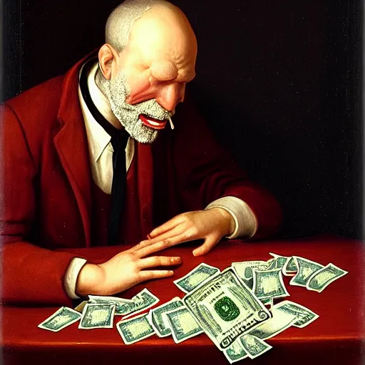 Prompt: portrait of a broken man eating money, wax figure