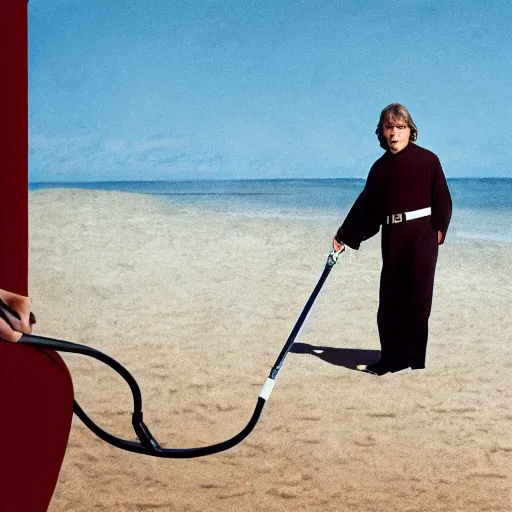 Image similar to Luke Skywalker vacuuming the beach to remove sand, ultra realistic, professional photo, 8k, Mark Hamill face,