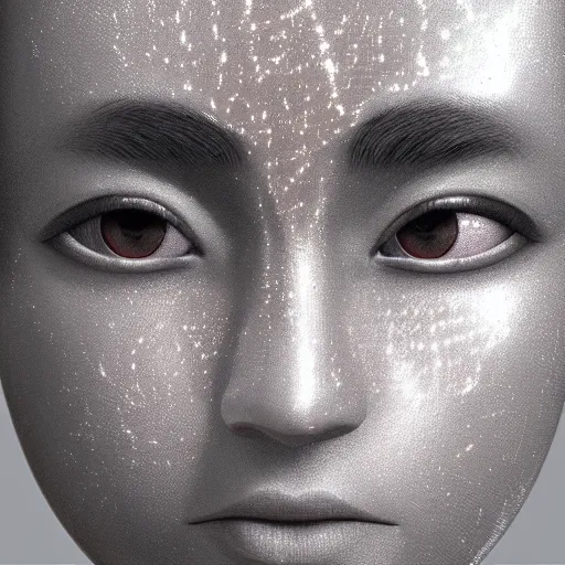 Prompt: closeup of sweating robot cyborg forehead, big drops of sweat, forehead only, by Hajime Sorayama, airbrush art, symmetric face, beautiful face, highly realistic, star flares, trending on artstation, beautiful lighting, sharp, details, hyper-detailed, HD, HDR, 4K, 8K
